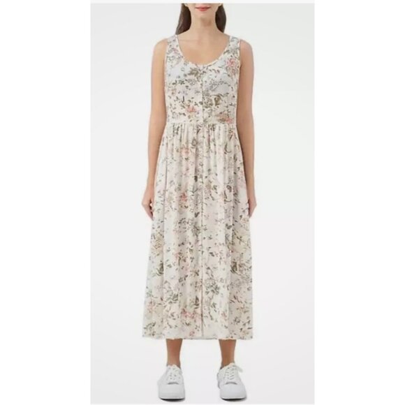 FRYE WOMENS BUTTON FRONT MIDI DRESS SIZE XL IVORY FLORAL BOHO SLEEVELESS POCKETS - Picture 1 of 10